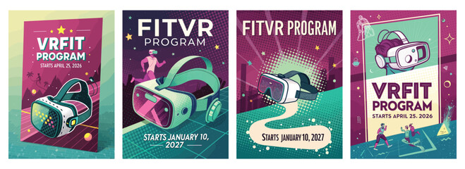 Colorful promotional posters for VR fitness programs featuring virtual reality headsets and energetic themes.