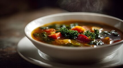 Steaming vegetable soup in a white bowl