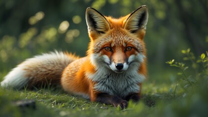 Fototapeta premium A fox lying down in a forested area with green foliage.