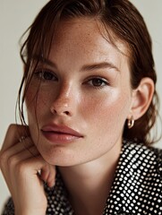 Close-up portrait of a woman, studio style, magazine cover, pale skin and grainy texture 