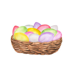 Yellow, purple, green, pink and white watercolor Easter eggs in a wicker basket. Happy Easter food clipart. Colorful decoration. Hand-drawn illustration for greeting cards, stickers, invitations
