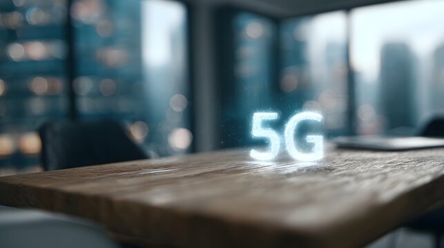 Glowing 5G signal above a modern office desk