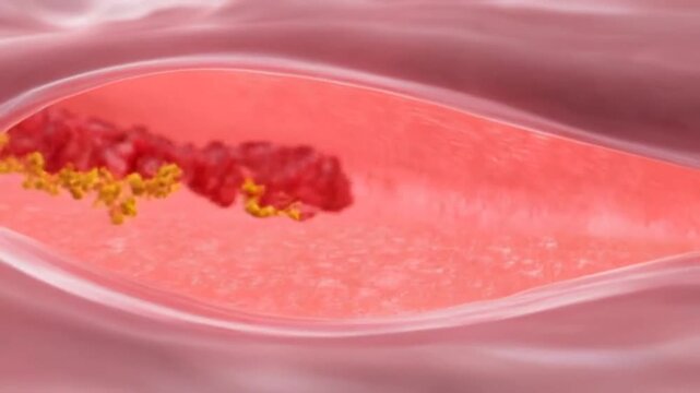 Hyperrealistic cross section of a human artery seen from the inside, fixed camera centered on the lumen, bright pink internal walls with realistic biological texture, soft biomedical style lighting