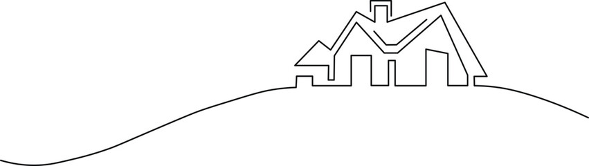 Abstract house on the hill in continuous line art drawing style. Residential building, real estate black linear design isolated on white background. Vector illustration