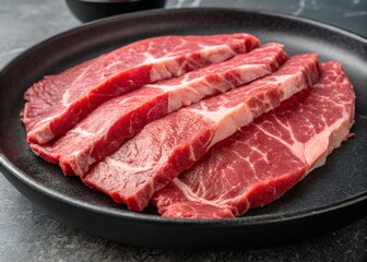 Fototapeta premium Close-up Fresh raw meat on black plate. Beef slices uncooked. Raw food concept. Groceries and butcher shop concept.