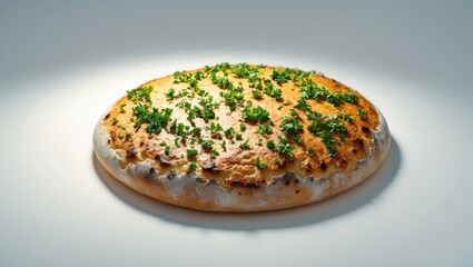 Fresh flatbread with herbs and vegetables on top, served on a plain white surface.