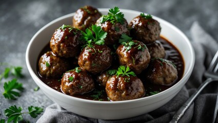 Fresh meatballs in a rich sauce garnished with parsley, served in a white bowl.