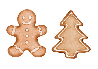 Gingerbread man and Christmas tree cookie. Watercolor drawing in festive style. Hand-painted illustration on white background. Suitable for cards, napkins, kitchen decor, packaging, fabric.