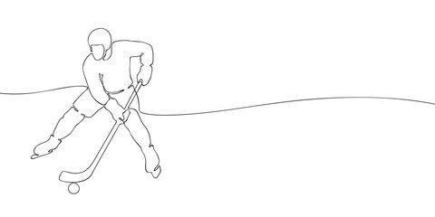 Continuous line drawing of a bandy athlete playing with stick and ball on ice. Minimalist linear illustration. Winter team sport and Olympic games concept.
