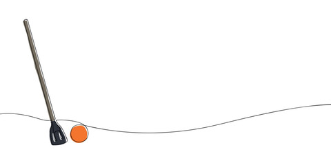 One line colored drawing of a broomball stick and ball. Minimalist linear illustration. Winter sport equipment and Olympic ice game concept.