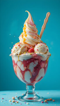 Ice Cream Sundae With Whipped Cream and Fruits in a Glass on Blue Background