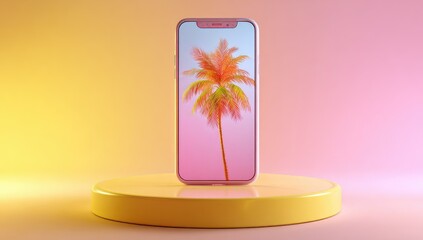 Modern phone displays vibrant palm tree graphic.  Pastel colors, minimal style