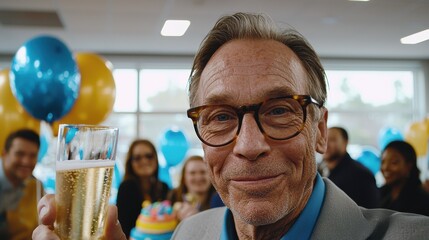 Retirement celebration elderly professional man holding champagne glass warm authentic smile tortoiseshell frames gray knit cardigan blue shirt workplace party orange balloons colleagues gathering