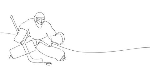 One line drawing of an ice hockey goalie in full gear making a save with puck and stick. Minimalist linear illustration. Winter team sport and Olympic games concept.