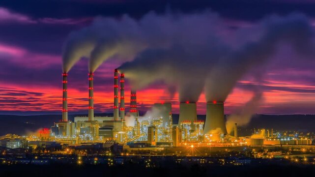 A cinematic tableau of smokestacks blending with crimson clouds at daybreak, capturing the haunting beauty and power of modern industry.