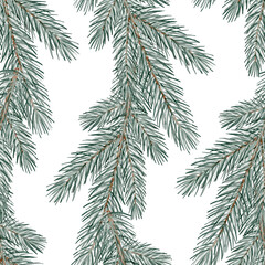 Endless pattern with hand-painted fir tree branches. Watercolor drawing in natural green tones on white background. Ideal for napkins, gift wrap, winter decor, fabric, and stationery.