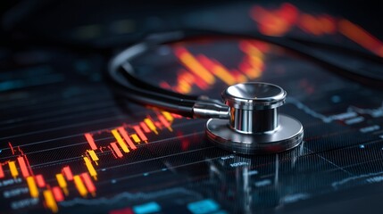 A stethoscope on a digital financial chart, representing health and economy.