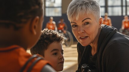 Obraz premium Wheelchair basketball training session featuring experienced coach teaching technique to younger player, authentic smiles, gymnasium setting, intergenerational mentoring, natural light