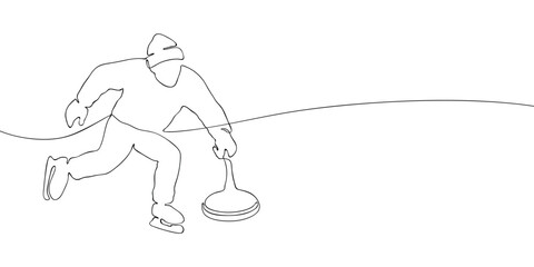 Ice stock sport player in winter clothing skating with stick on ice. Continuous line vector illustration. Winter sport for Milano Cortina 2026 Winter Olympics design and competition concept.