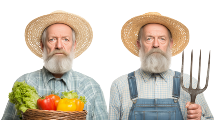 Two farmers posing with produce and pitchfork