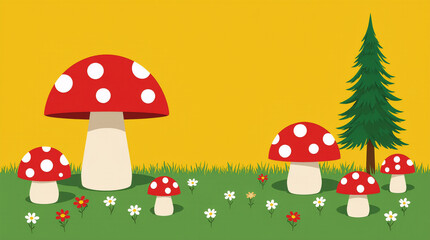 Naklejka premium Fly agaric mushrooms in a forest clearing, children's illustration