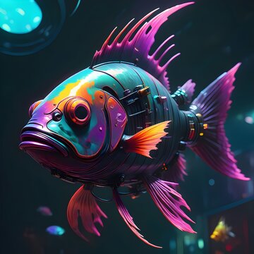 3D Illustration of a Steampunk Fish Underwater