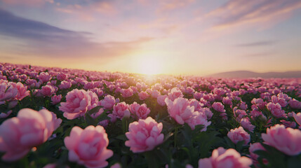 Breathtaking Sunset over a Field of Pink Roses