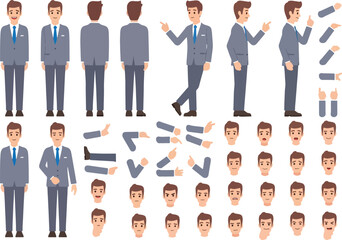 Businessman character creation set with various poses, facial expressions, and body parts for animation.