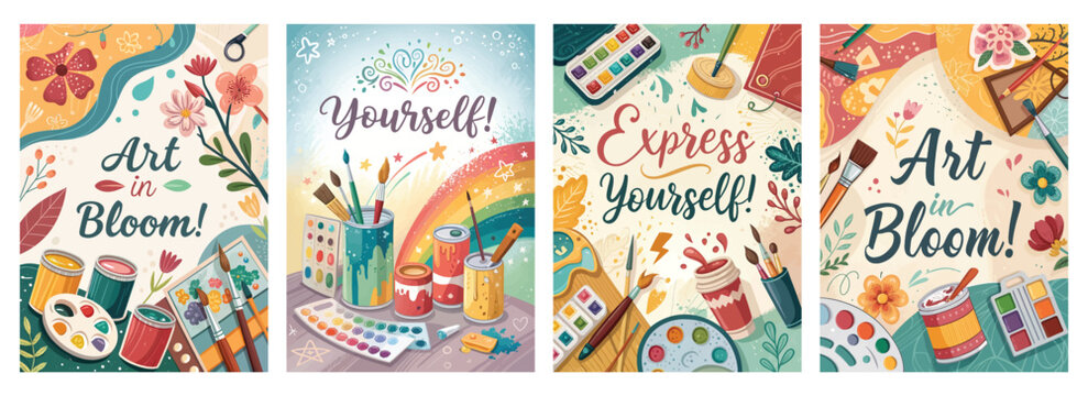 Vibrant art posters showcasing creativity, featuring paint supplies and colorful designs celebrating artistic expression.