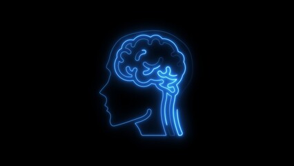 Blue neon outline of a human brain and head silhouette on black background