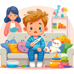 Sick Child at Home: A cartoon illustration depicts a young boy sitting uncomfortably on the sofa with a thermometer in his hand, overseen by a caring doctor.