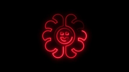 Glowing red neon flower smiling face on a dark black background for digital design