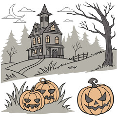 Old house with pumpkins in front, hellowen night Hellowen party. Happy Hellowen background vector,hellowen design vector,happy hellowen background image, hellowen background illustration 
