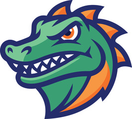 Aggressive green dragon mascot head with orange accents