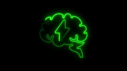 Glowing neon brain with lightning bolt icon represents idea generation and innovation