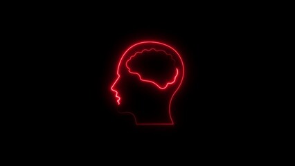 Red neon outline of human head with brain inside illuminated on a black backdrop