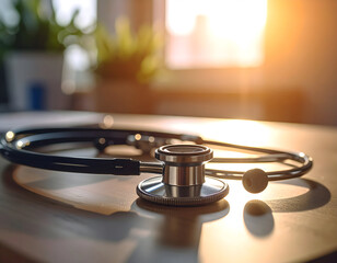 Medical stethoscope on a wooden desk in a doctor's office with warm sunlight in the background.