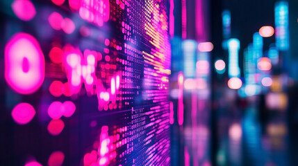 Abstract digital grid display with vibrant glowing color palette, evoking a futuristic cityscape