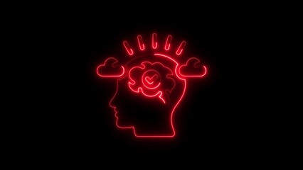 Neon outline illustration of a mind with brain inside and clouds representing thoughts