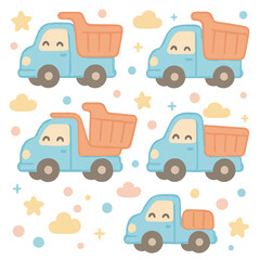 Cute Handdrawn Pastel Color Dump Truck with Star and Cloud Pattern