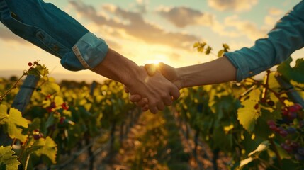 Handshake in a vineyard at golden sunset, symbolizing agricultural partnership, collaboration, and successful business.