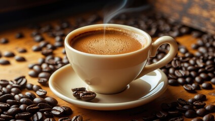 Fototapeta premium Steaming cup of coffee on a saucer surrounded by coffee beans, warm wooden background.