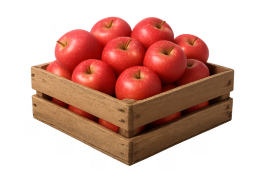 Wooden crate overflowing with fresh red apples on transparent background - Powered by Adobe