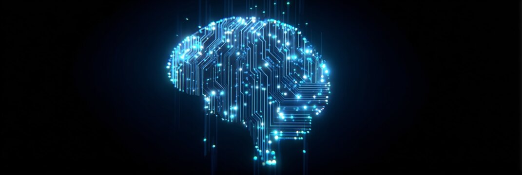 Cervello digitale luminoso con circuiti e connessioni, simbolo di intelligenza artificiale e tecnologia avanzata.