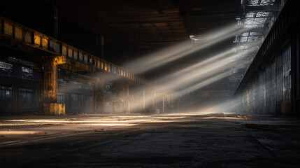 Fototapeta premium Dramatic sunbeams streaming through industrial warehouse windows creating atmospheric light rays and shadows on concrete floor