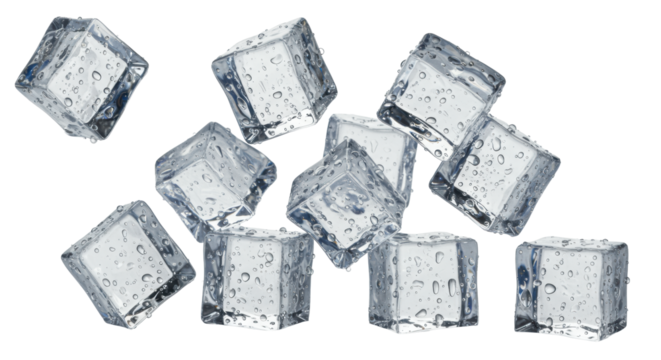 Clear, irregular ice cubes with droplets, condensation, suspended dynamically on transparent studio background with copy space, diffused lighting. Concept of ultimate freshness.