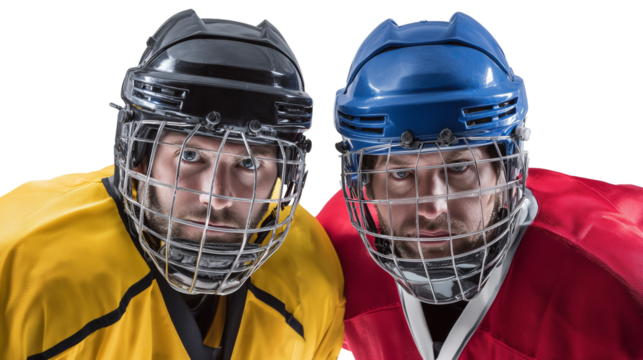 Two hockey players with helmets and protective gear
