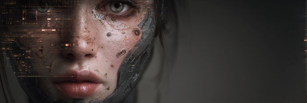 Ritratto artistico di un volto femminile con elementi cibernetici e circuiti integrati sovrapposti, stile vettoriale.