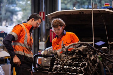 Two male mechanics inspecting vehicles engine in workshop