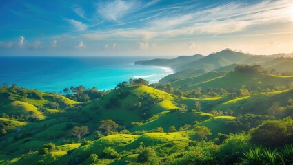 Lush green hills overlooking the ocean with cloudy sky and distant mountains. Coastal landscape and natural scenery. The image captures vibrant greenery and expansive water views.
